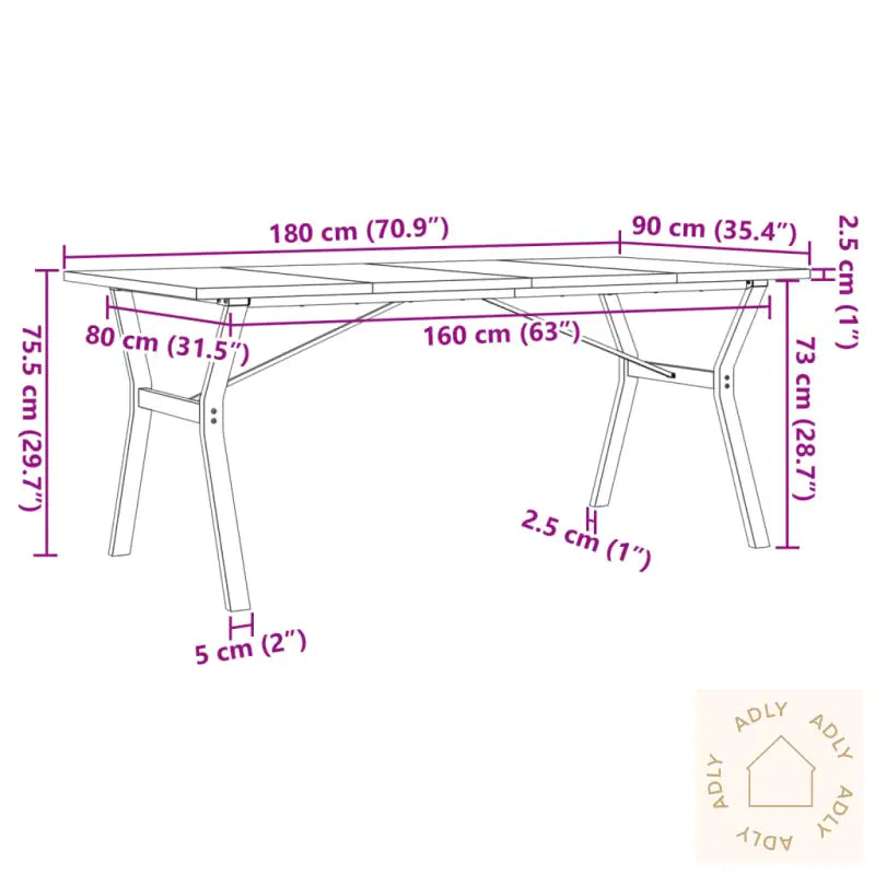 Spisebord Y-Ramme 180X90X75,5 Cm Heltre Furu Og Stål