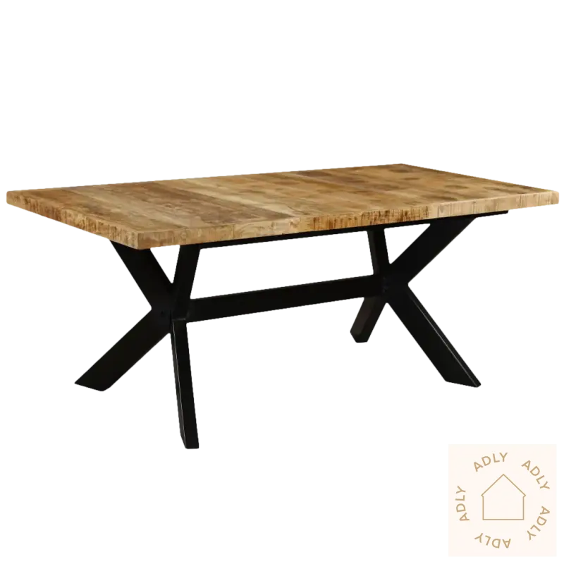 Bild av spisebord i grovt heltre mango med svarte X-formede ben, industriell stil