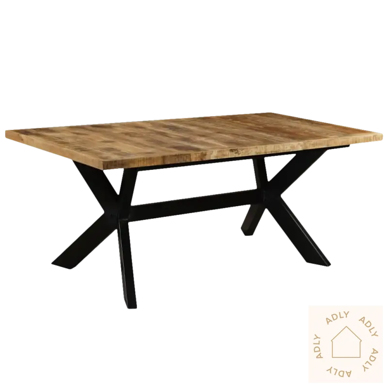 Rectangular heltre mango spisebord med industriell stil og svarte metallbein