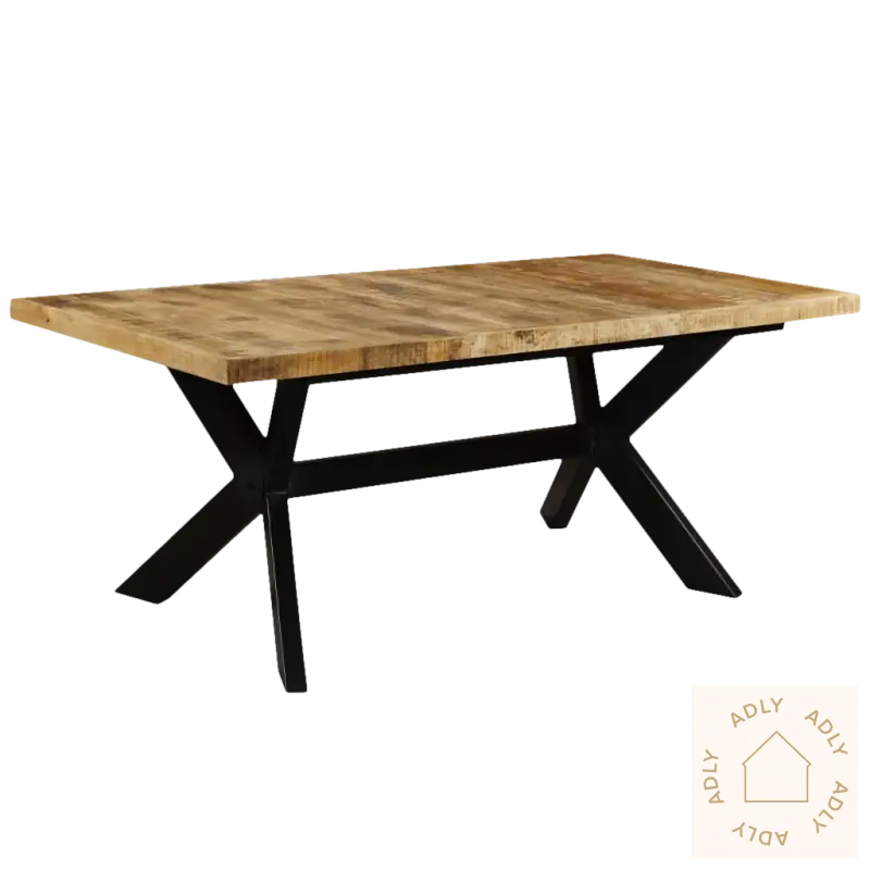 Rectangular heltre mango spisebord med industriell stil og svarte metallben