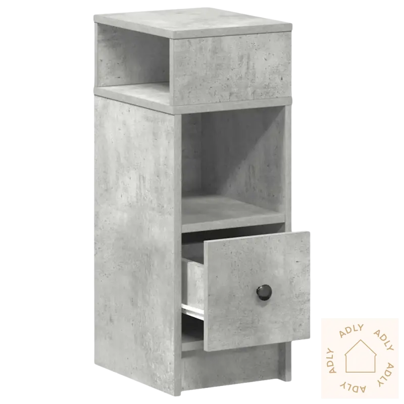 Stilfullt nattbord med betongdesign, praktisk oppbevaring og åpen hylle for soverommet