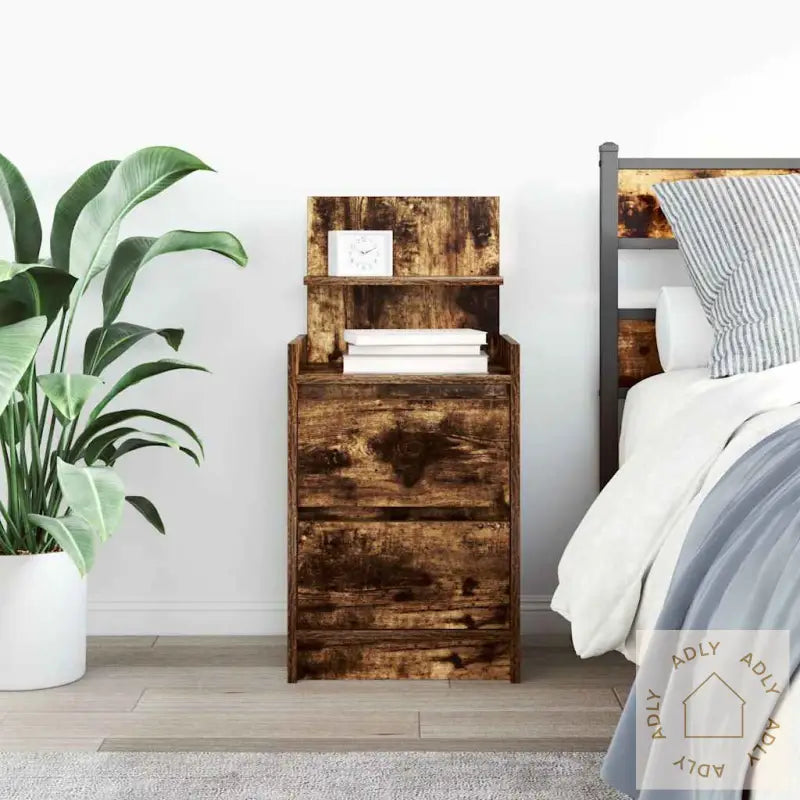 Nattbord Med 2 Skuffer Røkt Eik 38X34X80 Cm