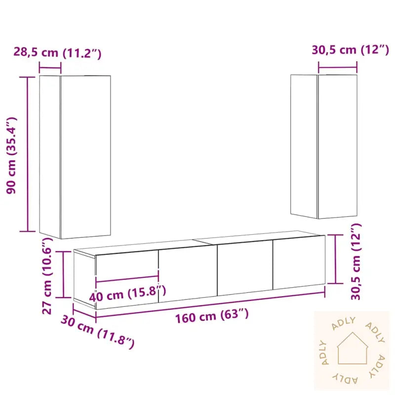 4-Delt Tv-Hyllesystem - Veggmontert, Svart Eik Kompositt