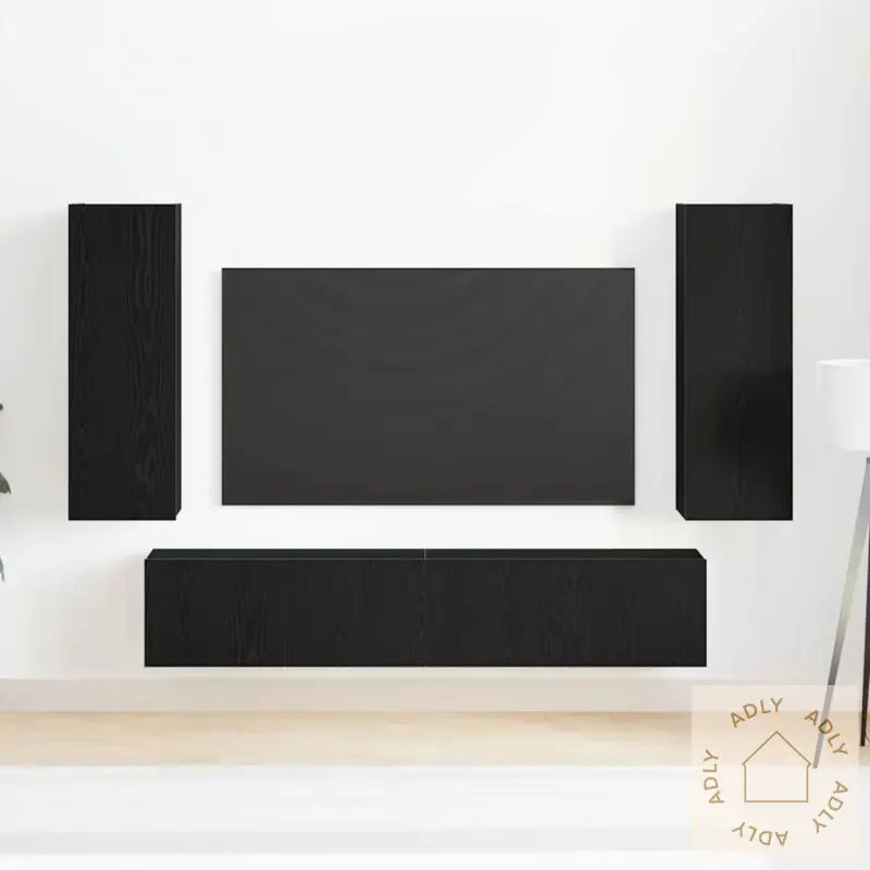 4-Delt Tv-Hyllesystem - Veggmontert, Svart Eik Kompositt