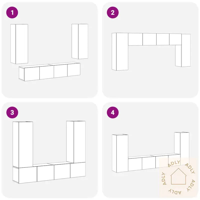 4-Delt Tv-Hyllesystem - Veggmontert, Svart Eik Kompositt