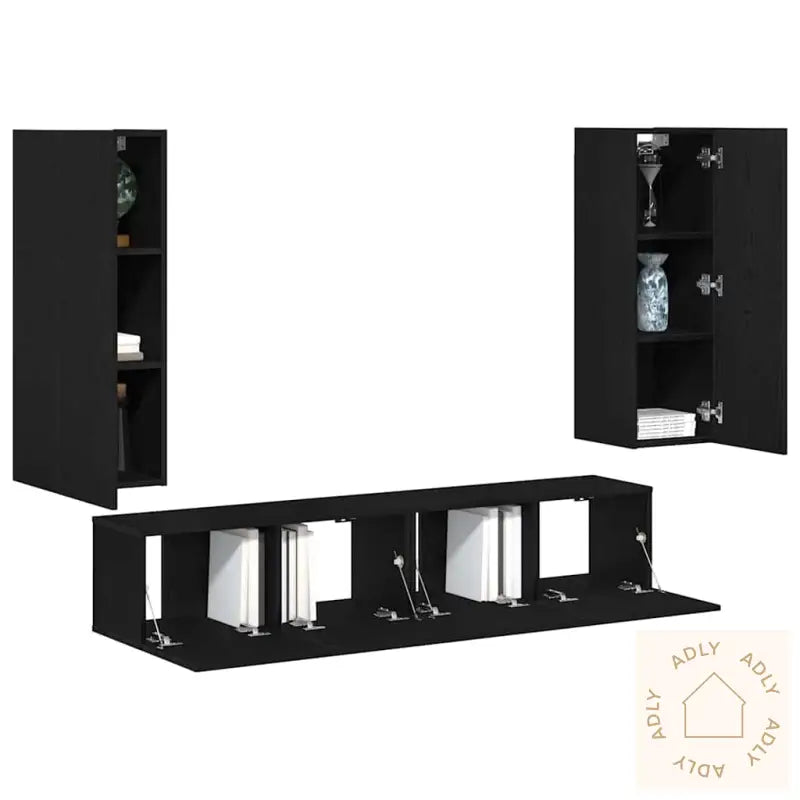 4-Delt Tv-Hyllesystem - Veggmontert, Svart Eik Kompositt