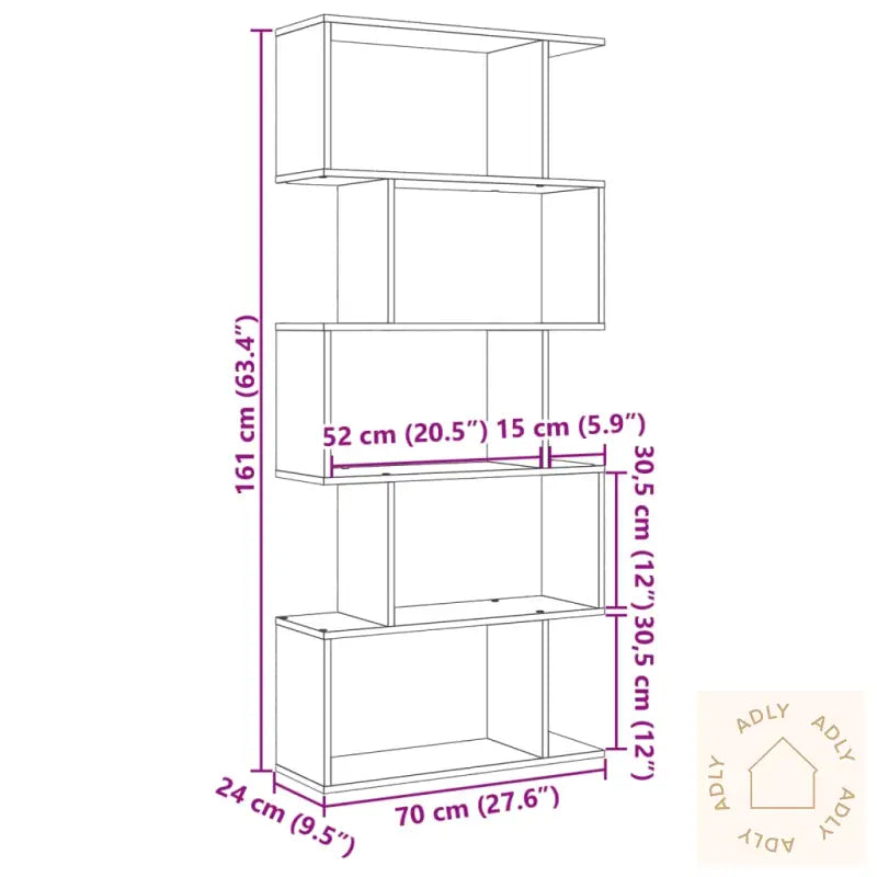 Romdeler Bokhylle 5 Lag Gammelt Eik 70X24X161 Cm Konstruert Tre