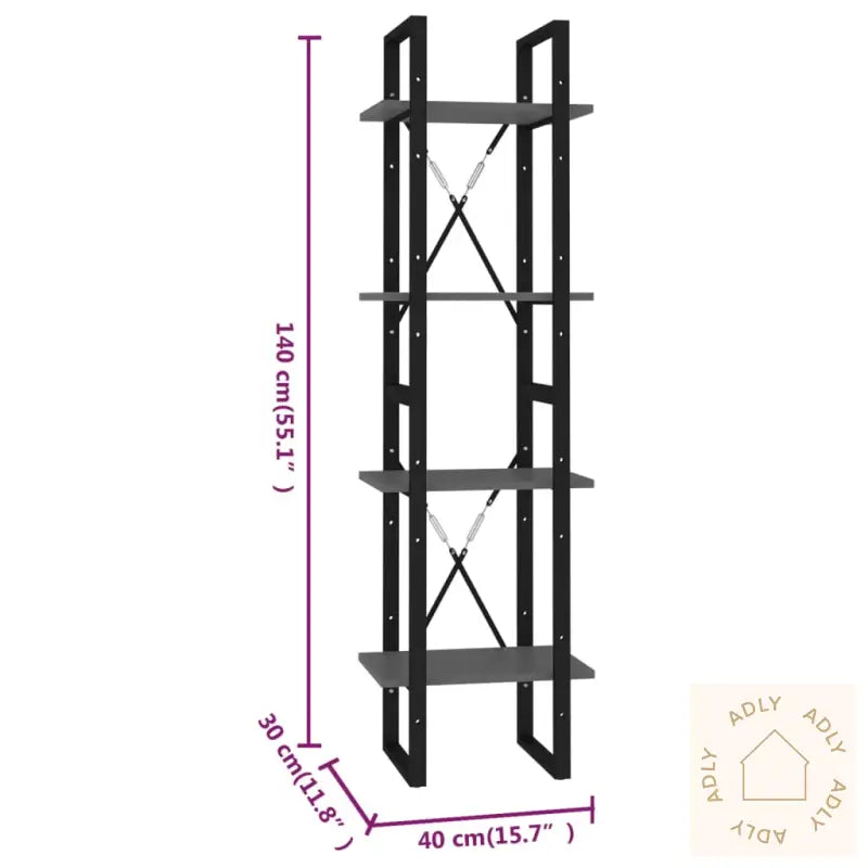 Bokhylle 4 Nivåer Grå 40X30X140 Cm Konstruert Tre