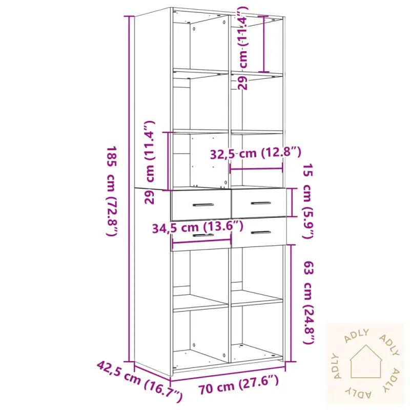 Highboard Grå Sonoma 70X42,5X185 Cm Konstruert Tre
