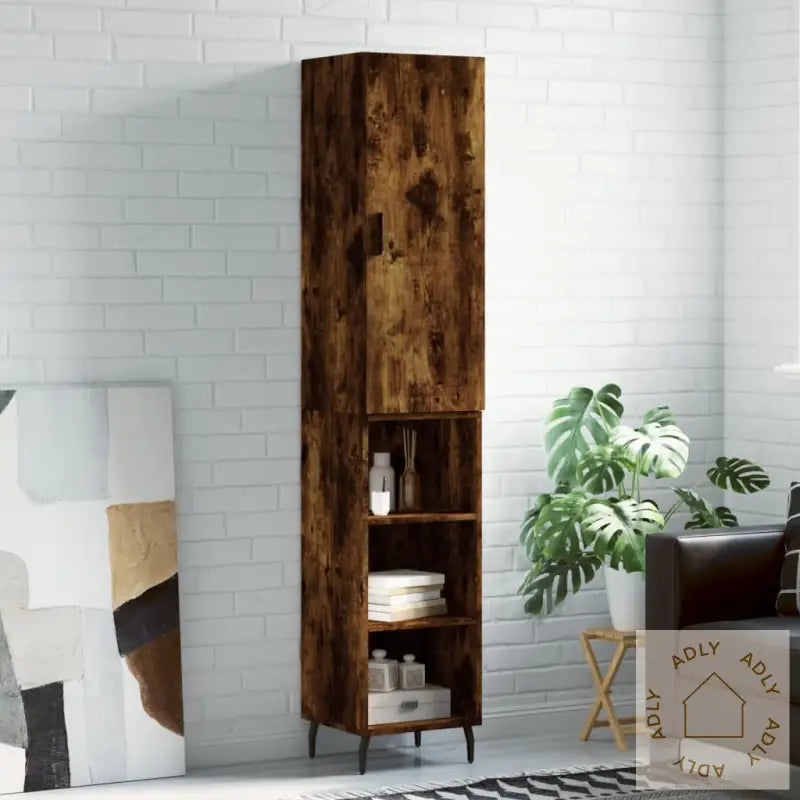 Highboard Røkt Eik 34,5X34X180 Cm Konstruert Tre