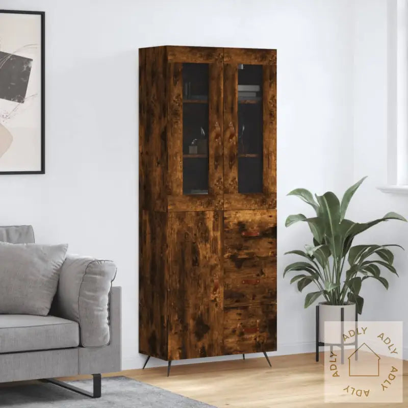 Highboard Røkt Eik 69,5X34X180 Cm Konstruert Tre