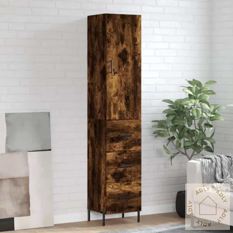 Highboard Røkt Eik 34,5X34X180 Cm Konstruert Tre