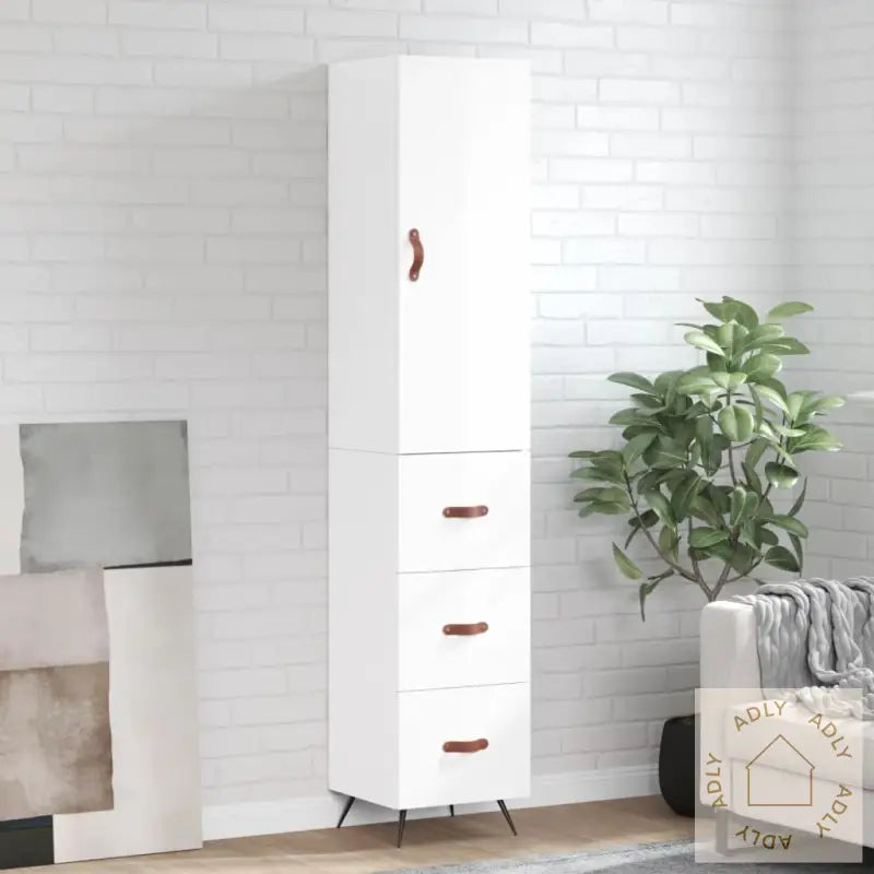 Highboard Høyglans Hvit 34,5X34X180 Cm Konstruert Tre