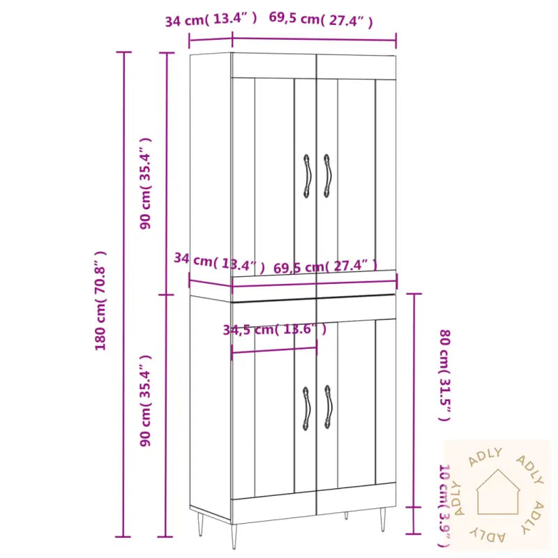 Highboard Røkt Eik 69,5X34X180 Cm Konstruert Tre