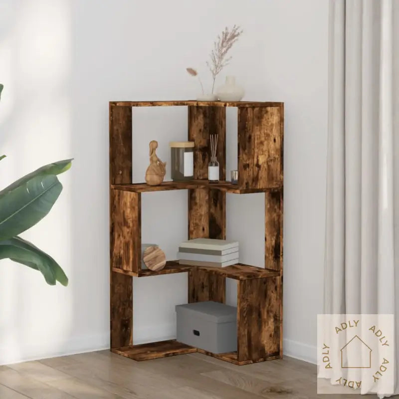 Bokhylle Hjørne 3 Etasjer Røkt Eik 50X50X102 Cm Konstruert Tre
