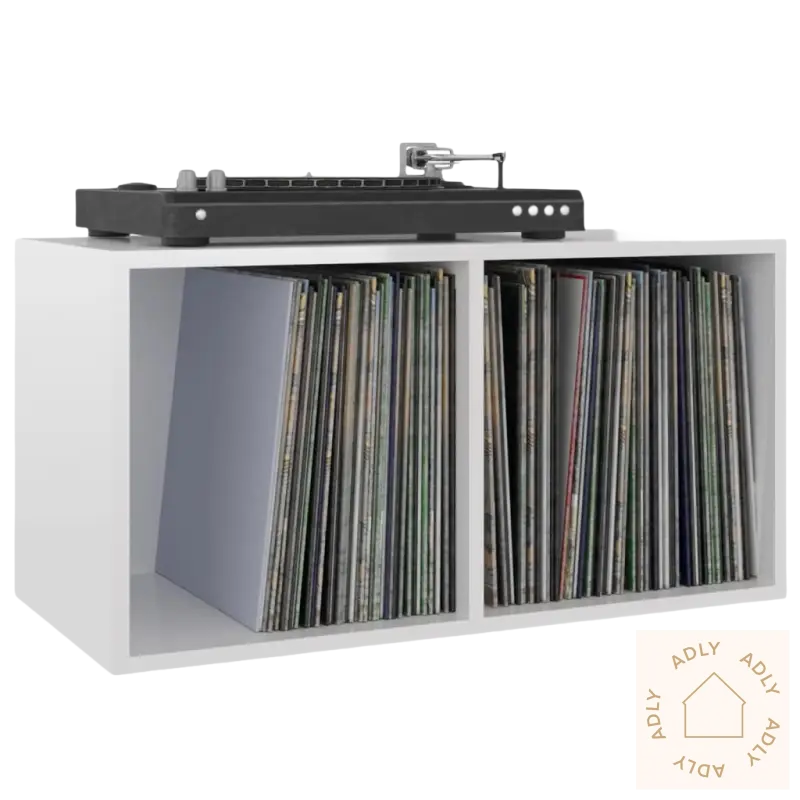 Alt tekst for bilde av hvid stilig lp oppbevaringsboks med turntable til hjemmet