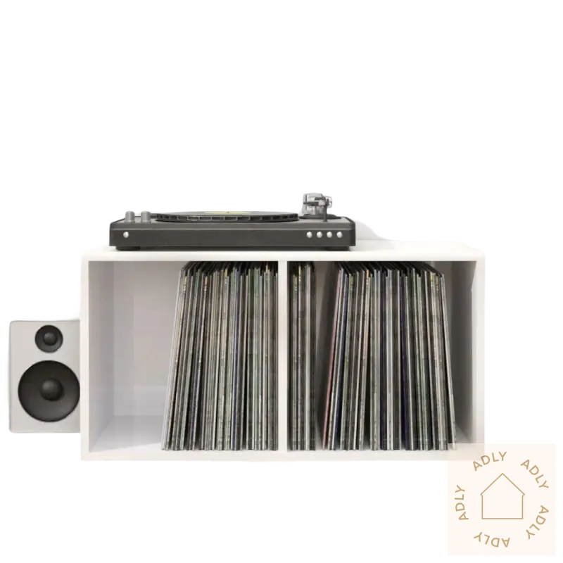 Stilig LP oppbevaringsboks for musikksamlingen din med vinyl og record player stand
