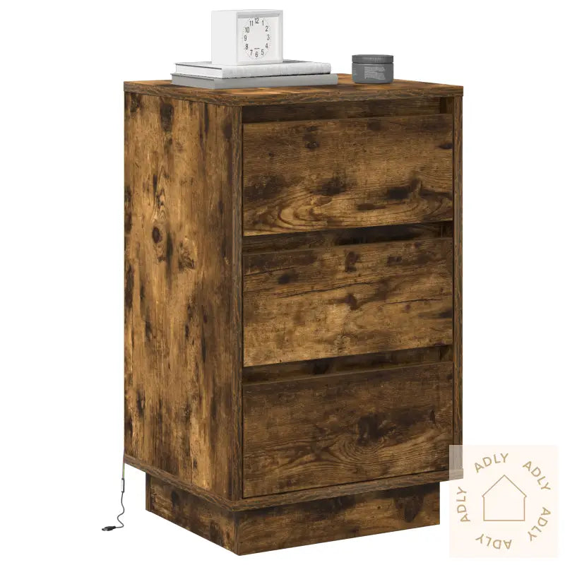 Nattbord Med Led Røkt Eik 39X34.5X65 Cm Konstruert Tre