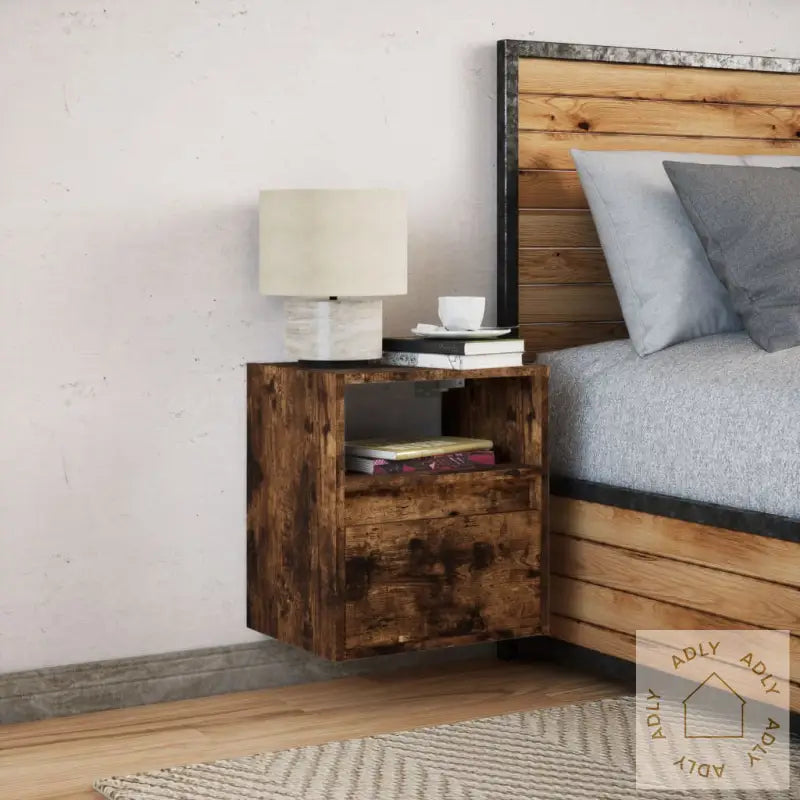 Vegghengt Nattbord Med Led-Lys Røkt Eik