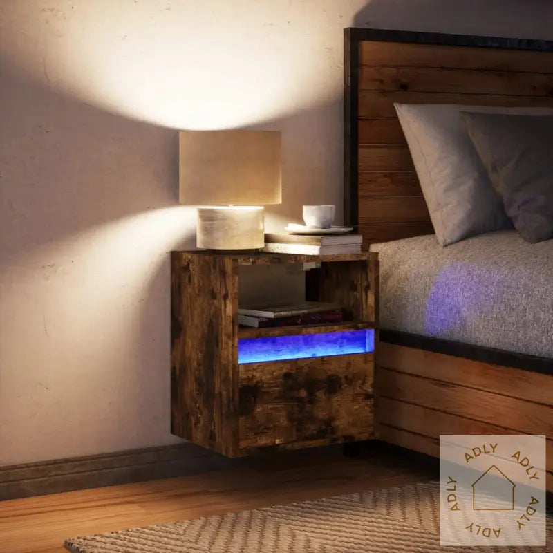 Vegghengt Nattbord Med Led-Lys Røkt Eik