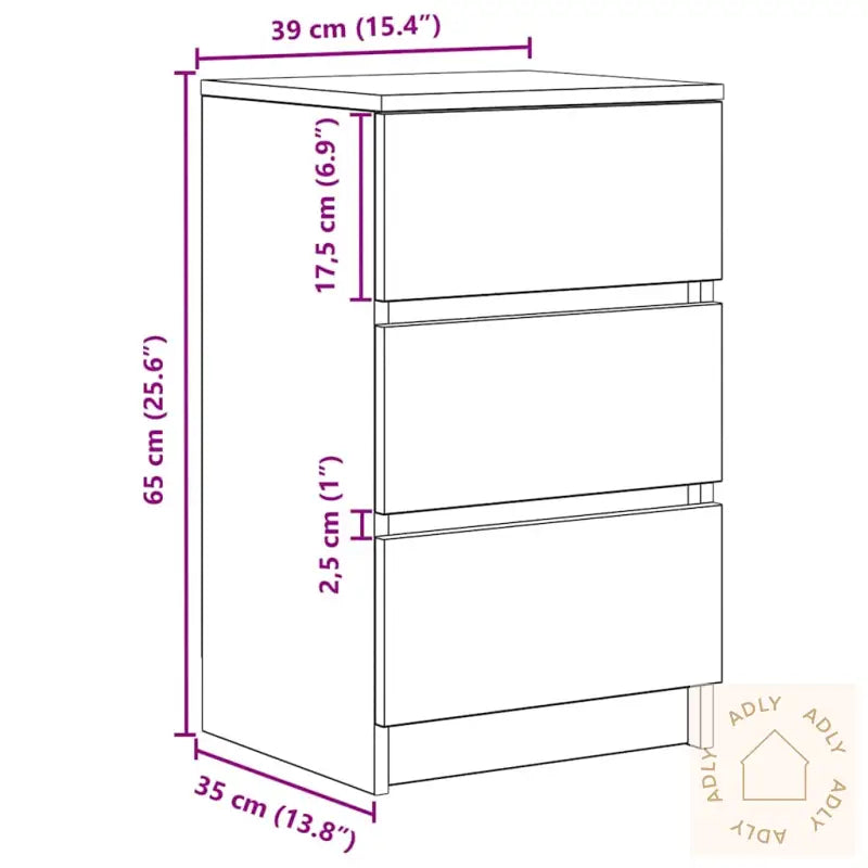 Nattskap Med 3 Skuffer Betonggrå 39X35X65 Cm