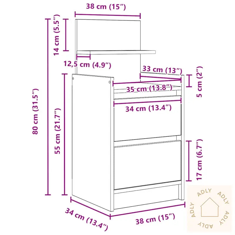 Nattbord Med 2 Skuffer Betonggrå 38X34X80 Cm