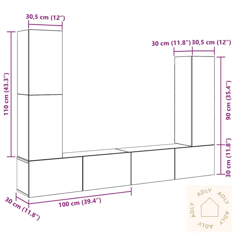 Tv-Skapsett 4 Deler Veggmontert Gammelt Tre Konstruert Tre