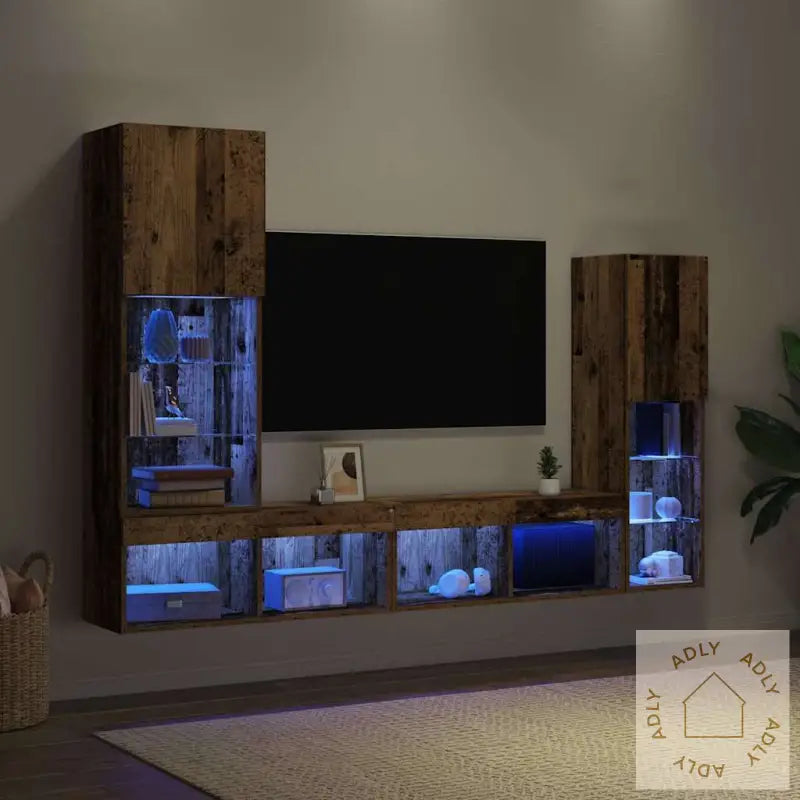 Tv-Skap Med Led-Lamper Gamle Tre 40,5X30X102 Cm