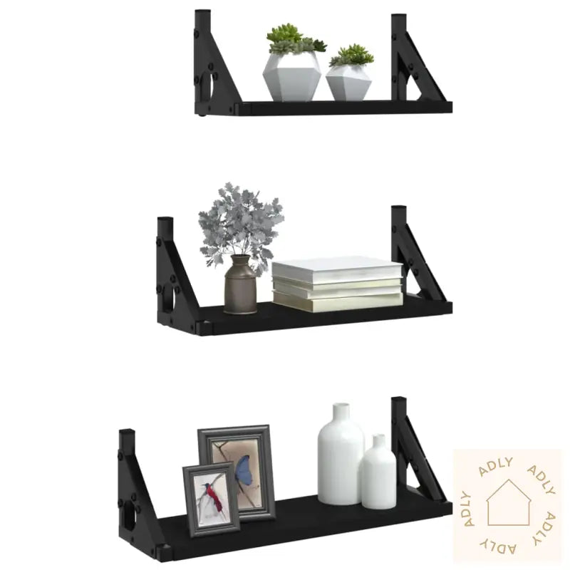 Vegghyllesett 3 Stk Svart Konstruert Tre