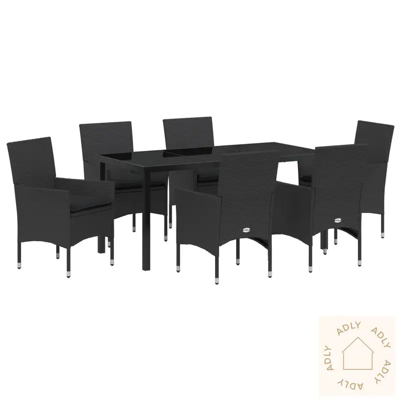 7 Delt Hage Spisestuebord Med Puter Svarte Poly Rattan