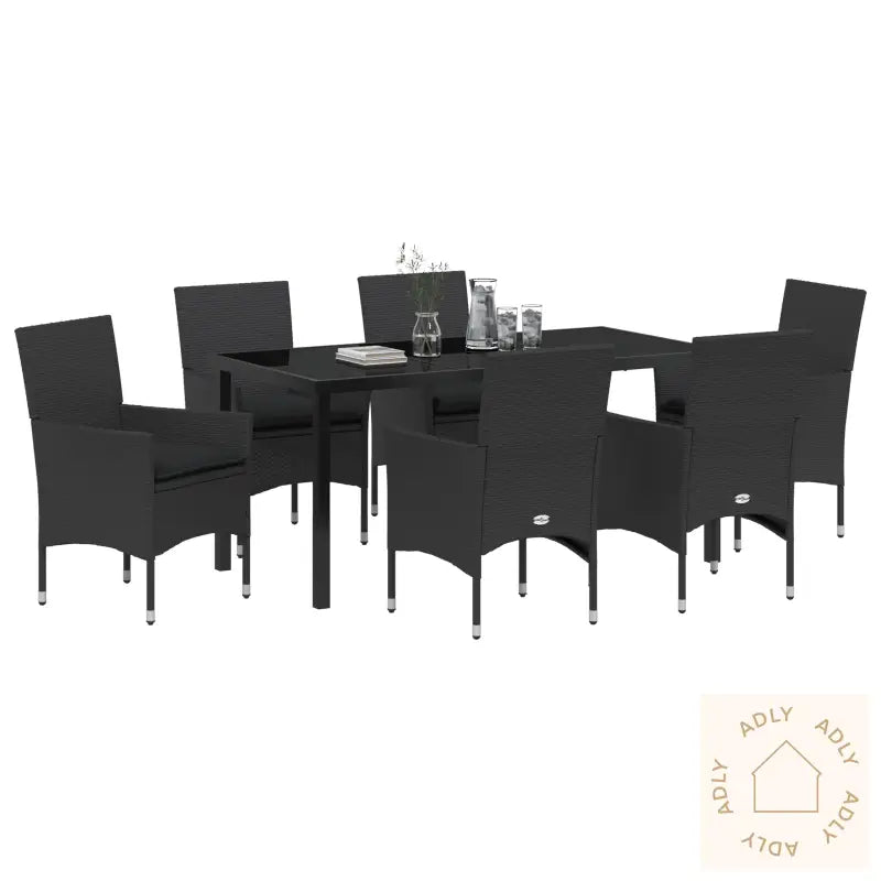 7 Delt Hage Spisestuebord Med Puter Svarte Poly Rattan