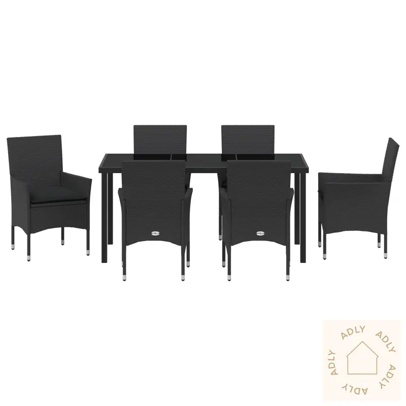 7 Delt Hage Spisestuebord Med Puter Svarte Poly Rattan
