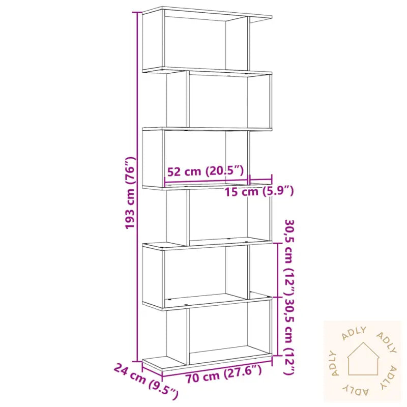 Romdeler Bokhylle 6 Lag Røkt Eik 70X24X193 Cm Konstruert Tre
