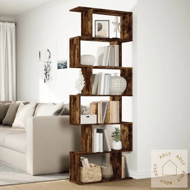 Romdeler Bokhylle 6 Lag Røkt Eik 70X24X193 Cm Konstruert Tre