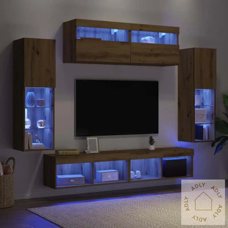 Tv Veggskap Med Led-Lys 2 Stk Artisan Eik 80X30X30 Cm