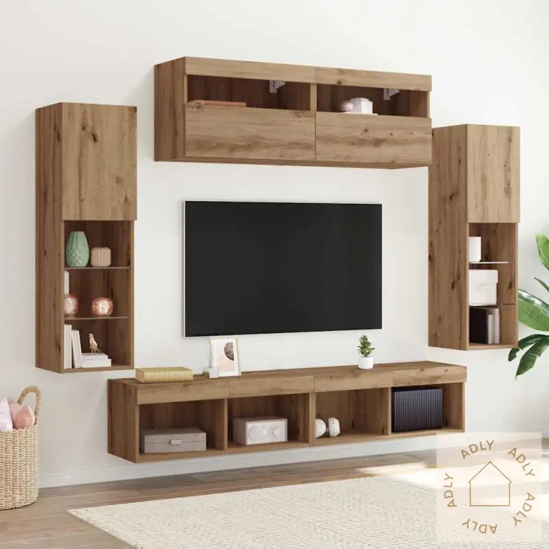 Tv Veggskap Med Led-Lys 2 Stk Artisan Eik 80X30X30 Cm