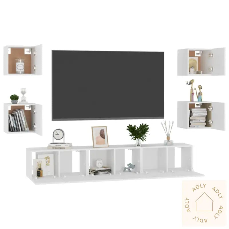 Tv-Benksett 7 Deler Hvit Konstruert Tre