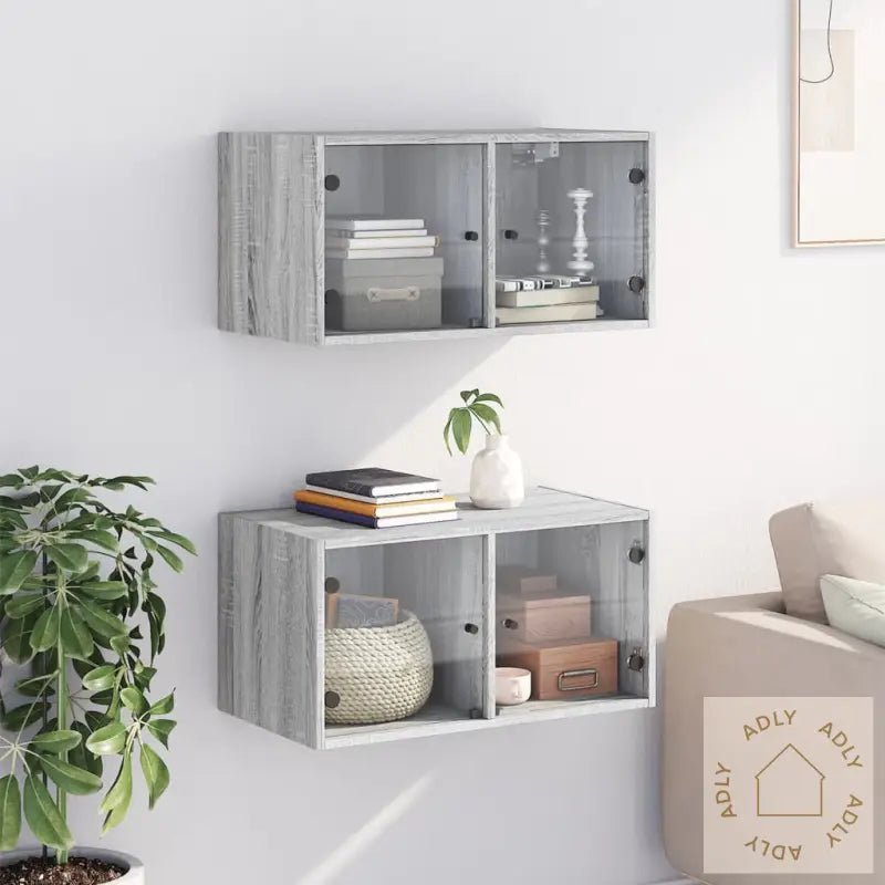 Veggskap Med Glassdører 2 Stk Grå Sonoma 68,5X37X35 Cm