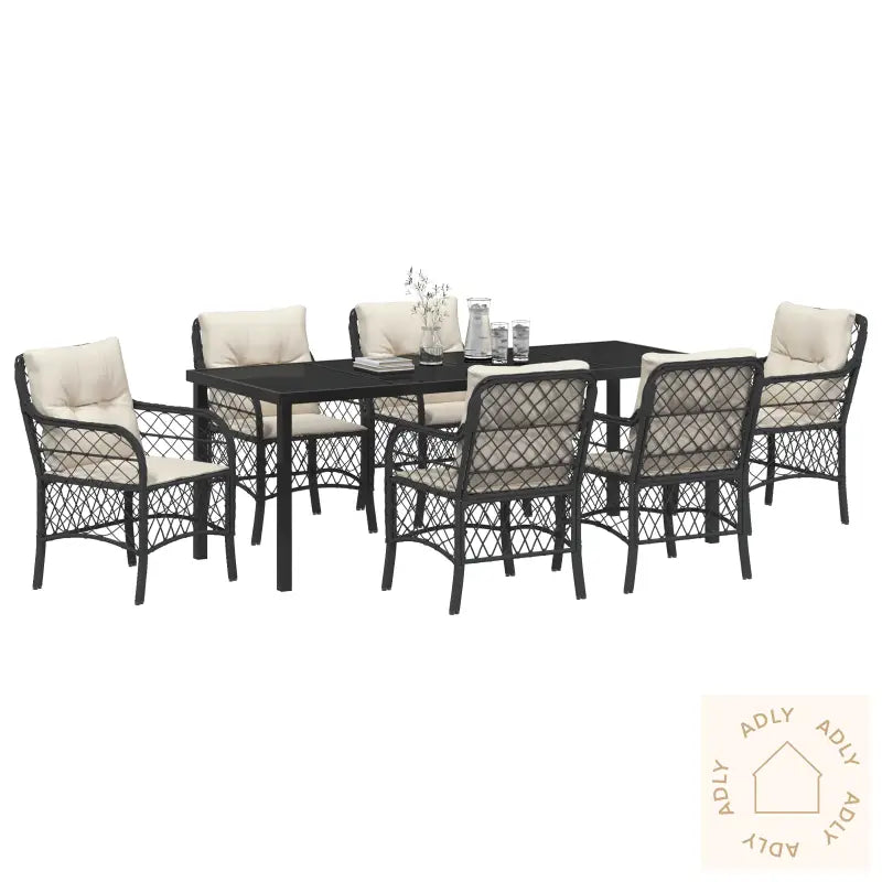 7-Dels Hage Spisegruppe Med Puter Svart Poly Rattan