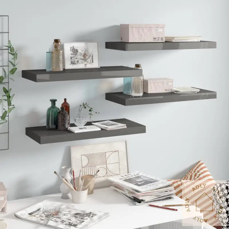 Flytende Vegghyller 4 Stk Høyglans Grå 60X23,5X3,8 Cm Mdf