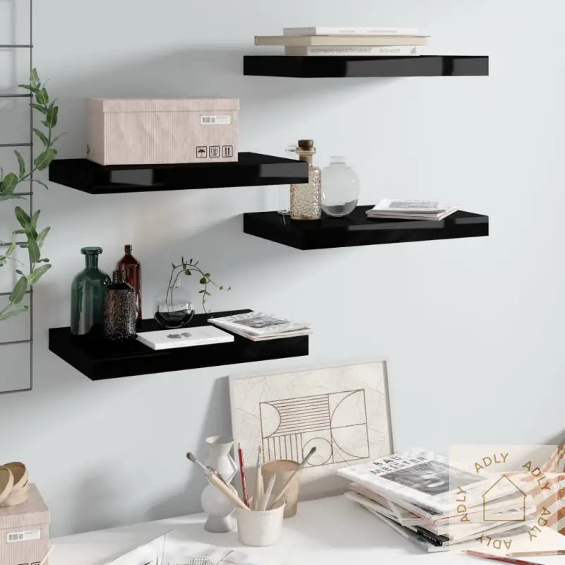 Flytende Vegghyller 4 Stk Høyglans Svart 40X23X3,8 Cm Mdf