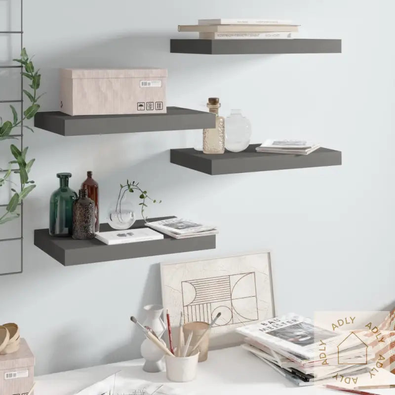 Flytende Vegghyller 4 Stk Høyglans Grå 40X23X3,8 Cm Mdf