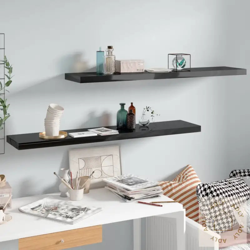 Flytende Vegghyller 2 Stk Høyglans Svart 120X23,5X3,8 Cm Mdf
