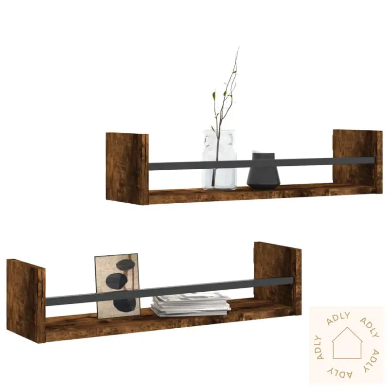 Vegghyller Med Stenger 2 Stk Røkt Eik 60X16X14 Cm