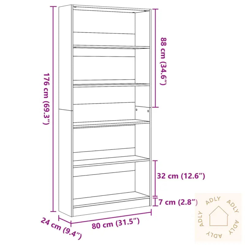Bokhylle Svart 80X24X176 Cm Konstruert Tre