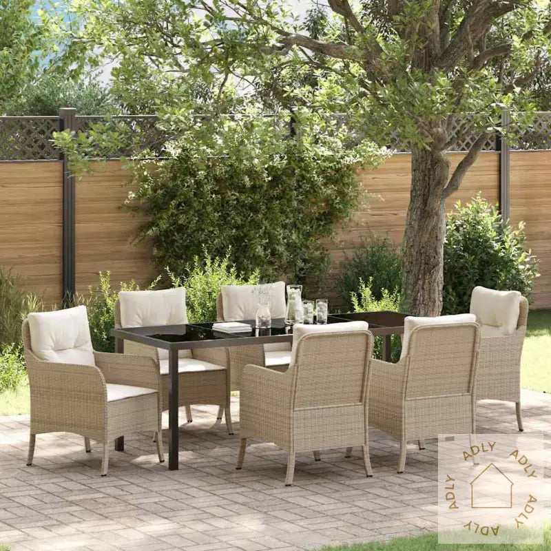 7-Delt Hage Spisebordsett Med Puter I Beige Poly Rotang