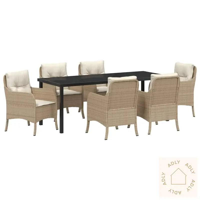 7-Delt Hage Spisebordsett Med Puter I Beige Poly Rotang