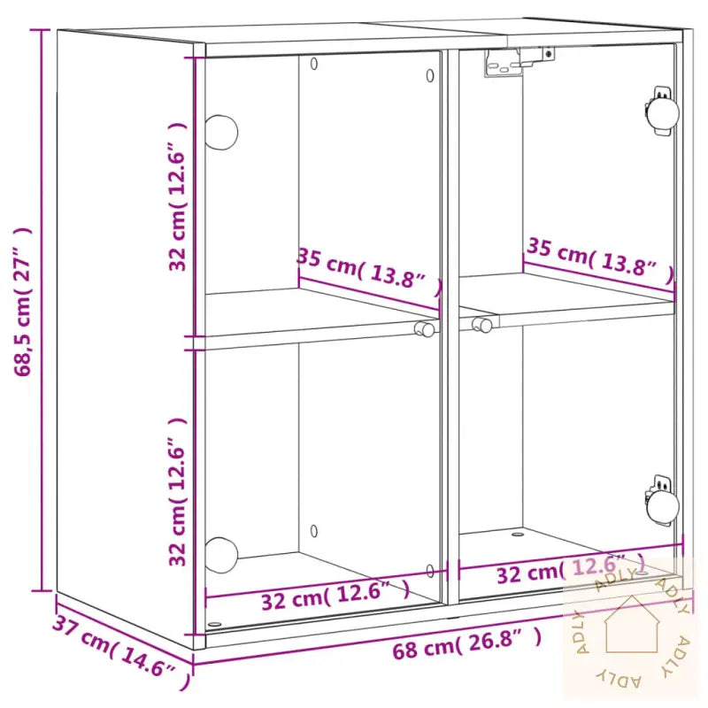 Sideskap Med Glassdører Betonggrå 68X37X68,5 Cm