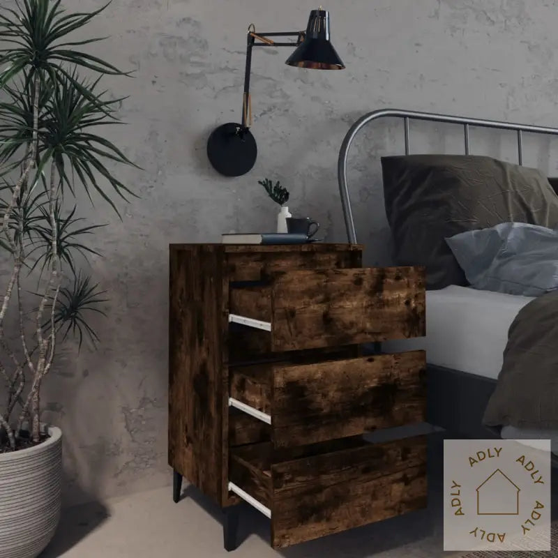 Nattbord Med Metallben Røkt Eik 40X35X69 Cm