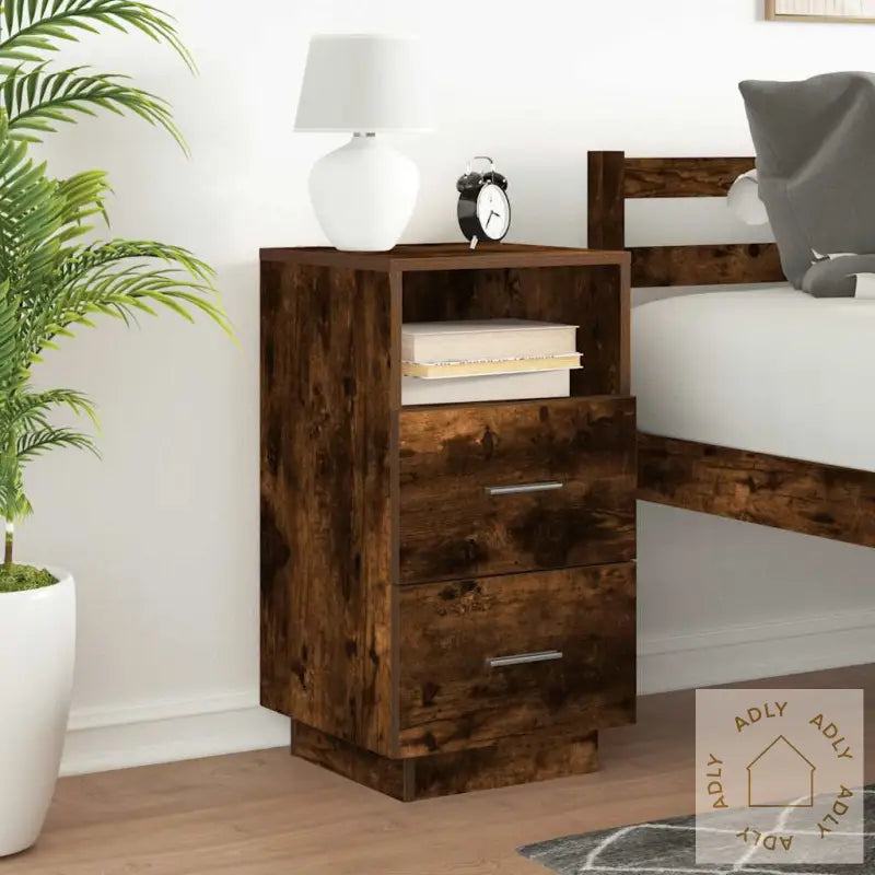 Nattbord Med 2 Skuffer Røkt Eik 36X36X68 Cm